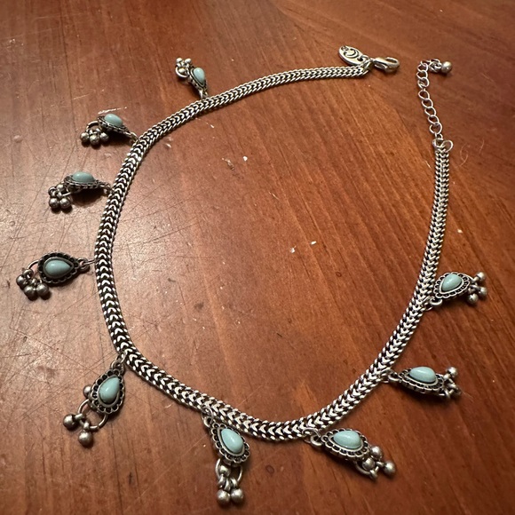 Silvertone choker or anklet with light blue dangles - Picture 2 of 3